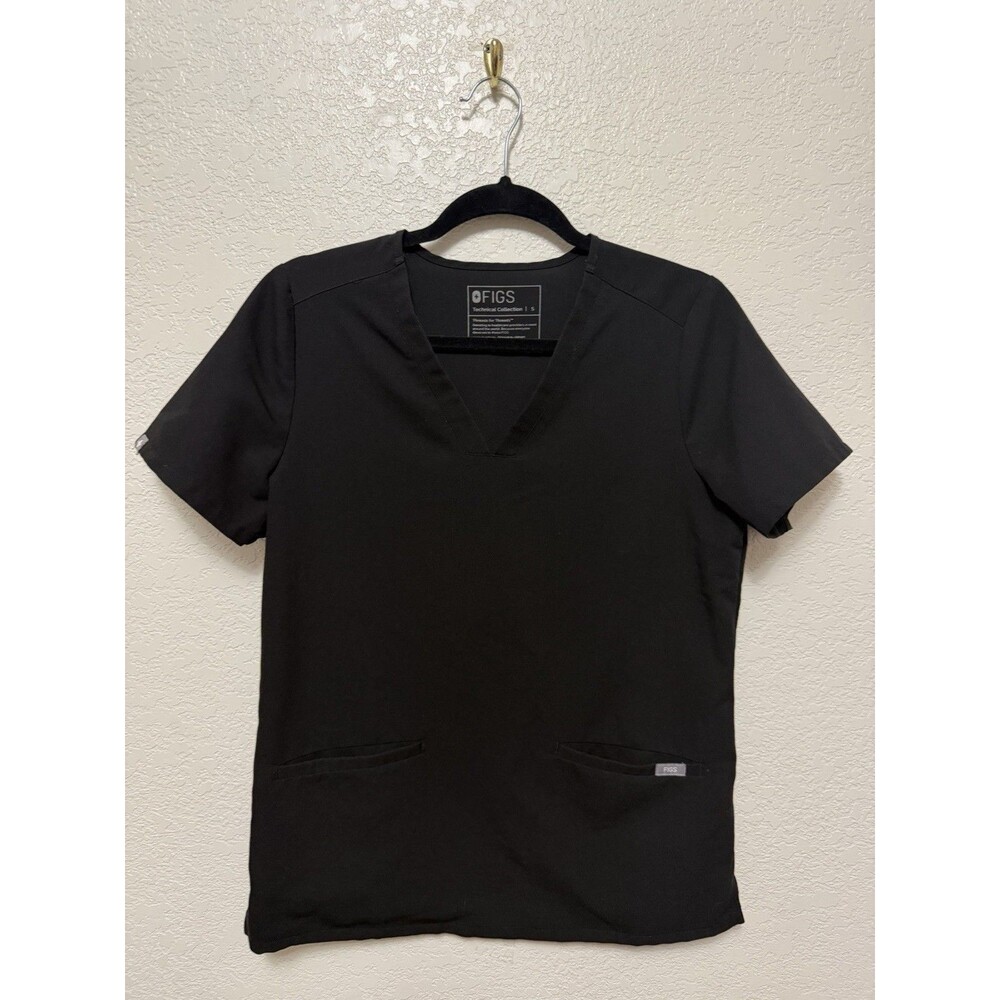 Figs Casma Technical Collection Scrub Top 3 Pocket V-Neck Womens Sz S Black